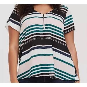 Torrid Womens 3X Top Georgette Zip Front Stripe Black Pink Green 2X